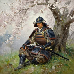 an oil painting of a male samurai warrior wearing armor while sitting under a cherry tree with white blossoms, nearby a katana lies on the grass, greg rutkowski, edward robert hughes, tony sart