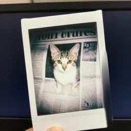 A screen capture of a polaroid photo of a television screen that is showing a newspaper photo of a picture of a kitten
