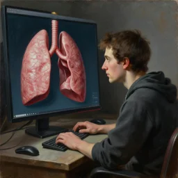 masterpiece painting of a 3d artist ethunsiatic looking at the a computer screen with anatomical model of a 3d lung, oil on canvas, renaissance