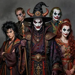 photorealistic portrait of evil looking witch doctor wearing intricate shao khan costume, bizarre voodoo makeup, clown makeup, by amano, karol bak, greg rutkowski, and akira toriyama, tonalism, hyperrealistic, artgerm, concept art, masterpiece.