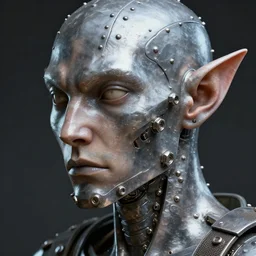an elf with skin made of thick, smooth steel riveted together. the elf's jaw is fastened on with nuts and bolts. digital art in the style of the industrial age.