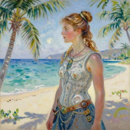 painting of a viking woman getting a sun tan on a tropical beach, intricate, 8 k, in the style of claude monet, high detal
