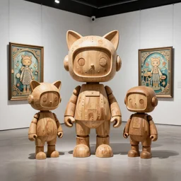 ultra realistic dream 8k octan advertising photo, totally wooden sculpture collection art toys on feet, very cute robot zen with cat ears ,cyberpunk Art Nouveau in a contemporary art gallery artworks by Tooth Wu