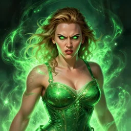angry muscular scarlett johansson as mage, glowing green eyes, magical green aura, d & d, fantasy, intricate, elegant, highly detailed, digital painting, artstation, concept art, smooth, sharp focus, illustration, art by artgerm and greg rutkowski and alphonse mucha