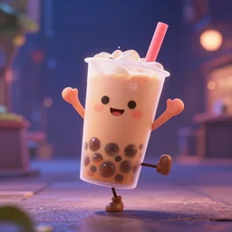 an animated cartoon about Bubble Tea that comes to life and dances at night, 4k, 3D, Pixar, animation, Dreamworks, UHD
