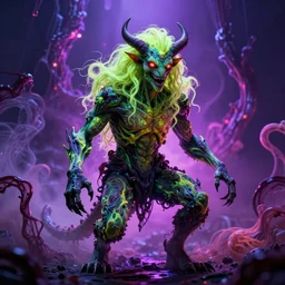 a giger demon with fluorescent flesh, wispy ink horrors, prismatic neon glow backdrop, photo pic by hyperrealism