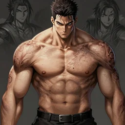 bodybuilder covered in scars screenshot anime, shame focus, intricate, illustration, cell shaded, digital painting, highly detailed, concept art, matte, art by ilya kuvshinov and kyoto animation and wlop, anime character by league of legends, riot lol, and greg rutkowski, studio quality, masterpiece