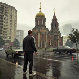cinematic screenshot gta 5, rain, man in adidas tracksuit, churches, buildings, road, moskvich, rtx reflections, moscow, soviet apartment buildings, award winning, trending on artstation, intricate details, realistic, hyperdetailed, 8 k resolution