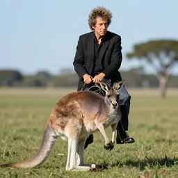 bob dylan riding a kangaroo, photograph, high detail