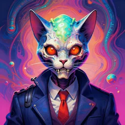 a psychedelic portrait of omin dran skeletal mind flayer psion cyborg cat politician vibrant color scheme highly detailed in the