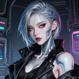 the portrait of an absurdly beautiful, graceful, sophisticated, fashionable cyberpunk gravure idol, an ultrafine hyperdetailed illustration by kim jung gi, irakli nadar, matt wisniewski, intricate linework, iridescent wiring, porcelain skin, unreal engine 5 highly rendered, global illumination, radiant light, detailed and intricate environment