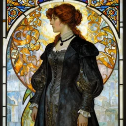 beautiful and detailed side - view portrait of yennefer, black necklace, long black and grey coat, stained glass art, by alphone mucha, very masterful