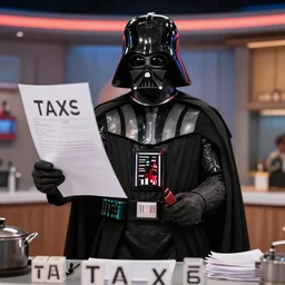 darth vader using the force to do the taxes, cooking show