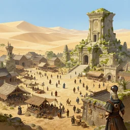 the elder scrolls 4, hammerfell, bustling capital city, market square, sand dunes in desert, ruined temple covered with moss, poster illustration, spring time, soft shaded painting, style of mark kent, igor kieryluk, maxim verehin, miranda meeks
