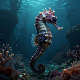 monstrous seahorse leviathan, with the roaring toothy mouth of a dragon, living in a deep, dark coral reef. style of subnautica. video game concept art. photorealistic. unreal engine. 4 k. underwater horror.