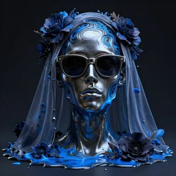 a head made out of melting metal, dark palette, it is wearing sunglasses and and a veil, there are flowers all around it, blue paint melting, vogue cover style, demonic style, smooth fractal style, ethereal fantasy style, 3 d perfect render style, horror style
