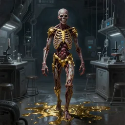 realistic painting of a dark sci-fi laboratory at night, cold. dressed zombie walking made of guts and veins dripping golden shiny metalic fluid from ribcage to the floor. liquid shiny puddle of gold on the floor.