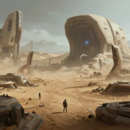 huge sci - fi battlefield, denis villeneuve's dune, beautifully detailed 4 k octane render, 4 k post processing, soft natural volumetric lighting, scifi base, artstation, by johnson ting, jama jurabaev
