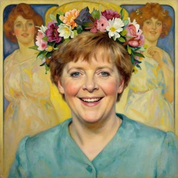 nicola sturgeon, happy, with a flower crown. beautiful painting by artgerm and greg rutkowski and alphonse mucha