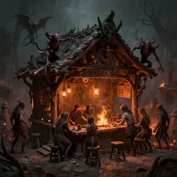 concept art, a horror highly detailed small medieval hell tavern, demons, inferno, ancient, realistic shaded lighting poster by ilya kuvshinov, magali villeneuve, artgerm, jeremy lipkin and michael garmash and rob rey