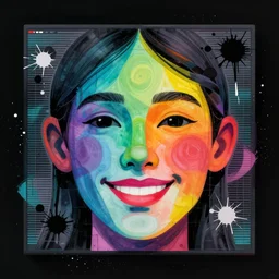 full chromatic color, a face coming through a digital screen, Gertrude Abercrombie, minimalistic graffiti masterpiece, minimalism, 3d abstract render overlayed, black background, psychedelic therapy, trending on ArtStation, ink splatters, pen lines, incredible detail, creative, positive energy, happy, unique, negative space, face, artgerm