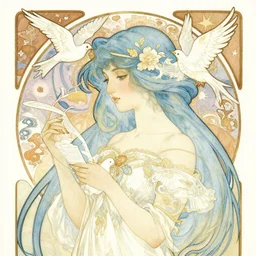 a beautiful intricate watercolor illustration of a light blue hair girl with white birds, paper, 4 k, elagant, by alphonse mucha, miho hirano, trending on artstation, hyper detailed, muted intense colors