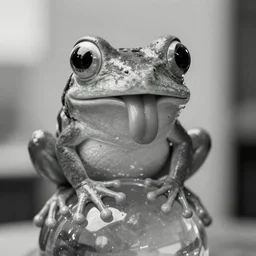 A big cartoon frog sticking its tongue out. One eye is much bigger than the other. The frog is looking straight at the camera. It sits on top of a backlit glass sphere. Close-up. Monochrome, 24mm tilt-shift. Award-winning photo.