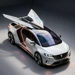 photo of a futuristic box vehicle with aerodynamic fins, generative design structure, box - shaped dark glass and plastic, venturi tunnels, peugeot prestige, neon lights, dragonfly shape, shiny white ceramic tiles, octane render, iridescent skin