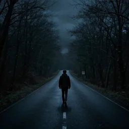 a lonely man is walking in a dark road of hell