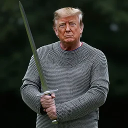 a photo of donald trump wearing chainmail. he's holding a longsword. medium shot portrait. dslr photography