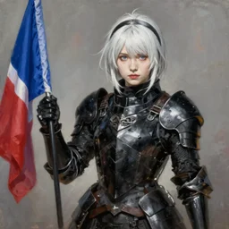 a heroine in black armor, she is holding a french flag, she has white hair by Daniel F. Gerhartz, hyperrealistic oil painting, 4k, very detailed faces, studio lightning