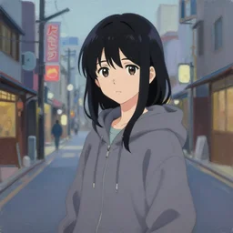 black haired girl wearing hoodie, city, anime epic artwork, kyoto animation, key visual, oil painting