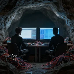 two computers in a cave two silhouettes of men, piles of modular synth cables, by cameron gray, wlop, stanley kubrick, masamune, hideki anno, unique perspective, trending on artstation, 3 d render, smooth render