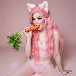 fully clothed Belle Delphine licking a carrot