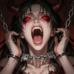 demon, satan, red eyes, chain, handcuffs, large chain, wide open wife mouth, scream, cruelty, light effect, hyper detailed, intricate, elegant, highly detailed, digital painting, artstation, concept art, matte, sharp focus, illustration, by dan mumford, yusuke murata, makoto shinkai, ross tran
