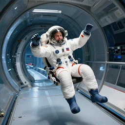 wide shot of comedian pete davidson experiencing zero gravity while riding inside the blue origin
