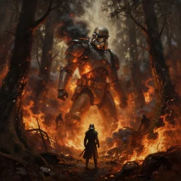 a painting of a cinematic keyframe of star wars a destroyed at - at in a forest, heavy atmosphere, fire and smoke by greg rutkowski, rule of thirds, golden ratio, ambient lighting, wlop, artgerm, artstation, highly detailed masterpiece, dark fantasy art, high detail, trending on artstation