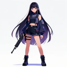 uncropped full body character portrait poster girl with futuristic streetwear holding a rifle, long straight hair, analogous colour, cute face, pretty face, anime by kuvshinov ilya, artgerm and greg rutkowski, 4 k, hdr, graphic design, adobe illustrator, behance, trending on artstation