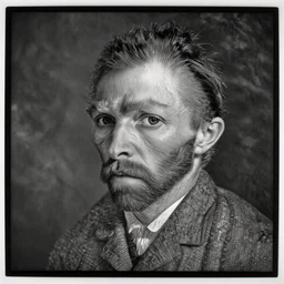 a dark, monochrome, glass negative, silver gelatine realistic, supersharp, supersharp, realistic, photographic portrait of vincent van gogh, shallow depth of field, by richard avadon