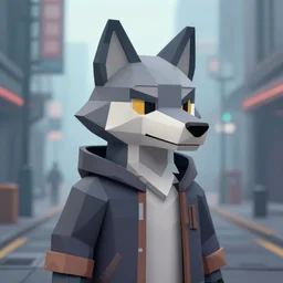 Playstation 1 PS1 low poly graphics portrait of furry anthro anthropomorphic wolf head animal person fursona wearing clothes in a futuristic foggy low-poly city alleway