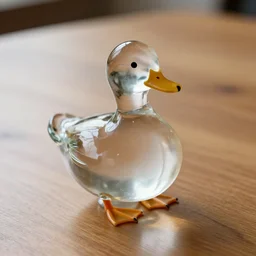 a duck made of glass, sitting on a wooden table