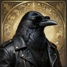a crow wearing sunglasses and a leather jacket, photography of kurzgesagt, deep focus, d & d, fantasy, intricate, elegant, highly detailed, digital painting, artstation, concept art, matte, sharp focus, illustration, hearthstone, art by artgerm and greg rutkowski and alphonse mucha