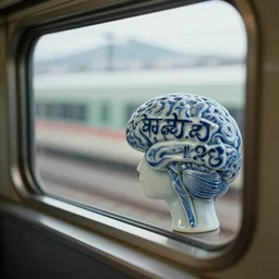 fuji gfx, closeup, tilt shift background, shinkansen window view ; beautiful hyperrealistic film still from devanagari movie new scene directed by tati in style of 1 9 9 0 s frontiers in miniature porcelain kintsugu macro design magazine seinen manga edition, real - life of porcelain sci - fi font brain map sign, highly detailed