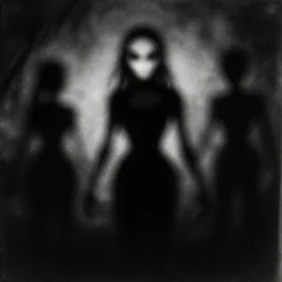 dark abstract noisy blurry black and white disturbing old photograph full of mysterious black silhouettes, tim burton