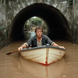 1 9 7 0 movie still of a man in a small boat in a tunnel flooded in blood, eastmancolor, heavy grain, high quality, high detail, refined face