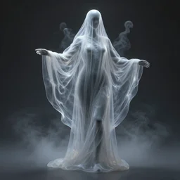 realistic render of a full height translucent ethereal ghostlike fluid simulation in houdini wrapped in dark smoke like robes and silk veils by ilm and paolo roversi, nick knight, gill elvgren, beautiful futuristic simplified plastic form distorted by turbulent movement, misty dark studio background, trending on artstation, hyperrealism, matte painting, dutch golden age, very fine detail, zbrush central