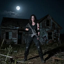 An dramatic shot of an badass, injured MIB agent encountering an zombie for the first time in a abandoned farmhouse at night, with the moon out, detailed, hyperrealistic