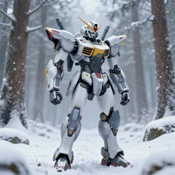 photorealistic of a Mecha 3d anime, snowing in the forest, medium shot, mid-shot, highly detailed, trending on Artstation, Unreal Engine 4k