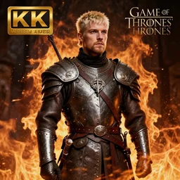 jacksepticeye wearing medieval irish armor, looking somewhere in the distance, flames surrounding him, game of thrones cover art, 8k, studio light