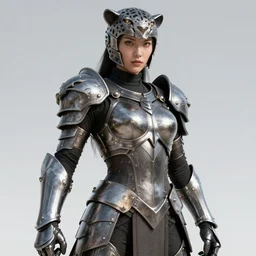 female warrior with metal jaguar armour, highly detailed, 4k, HDR, smooth, sharp focus, hyper realistic, high resolution